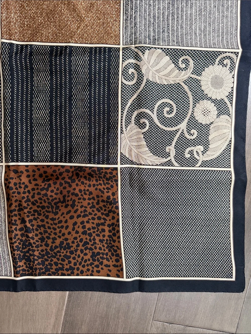 Talbots 100% Silk Patchwork Square Scarf - Leopard, Floral & Netting Print